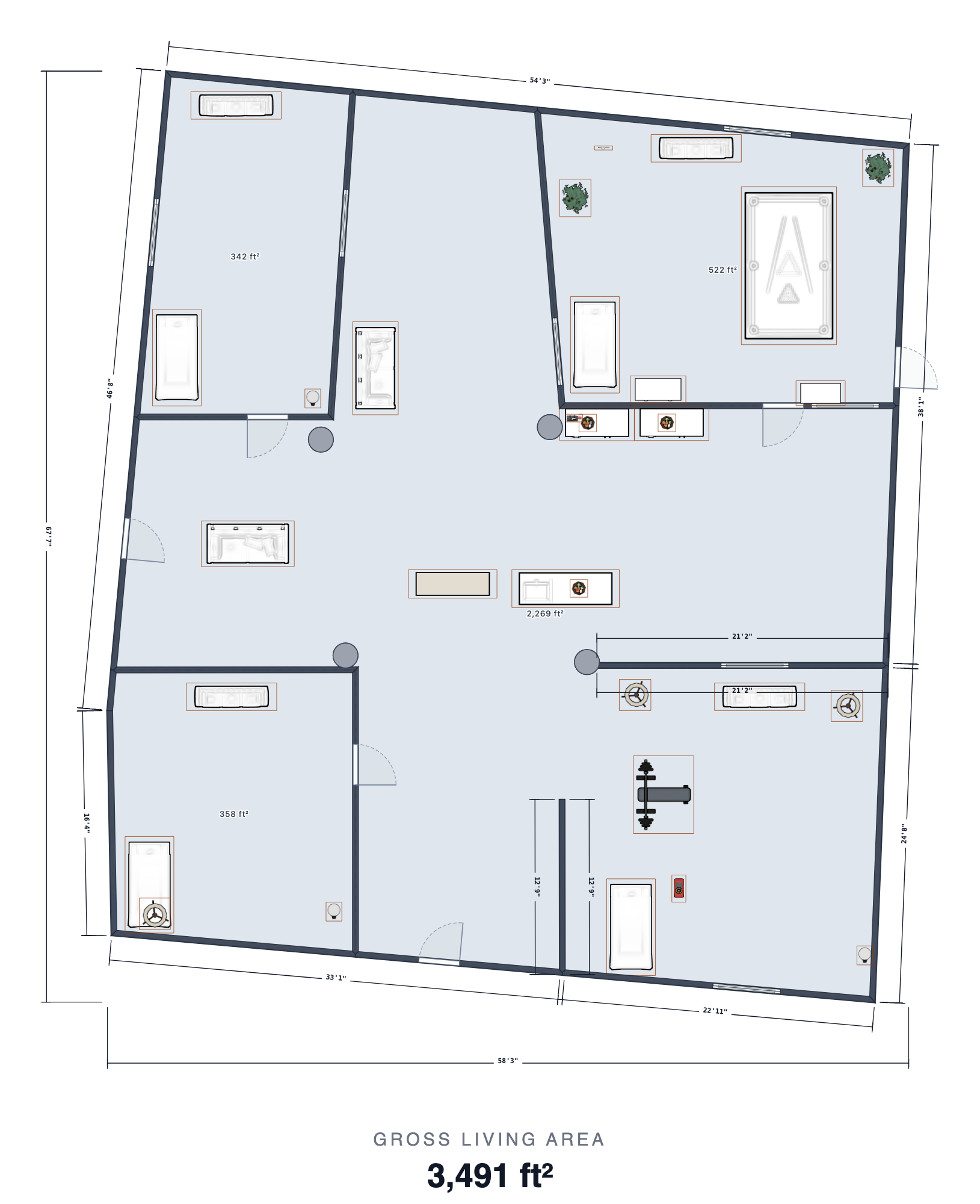 Detailed 2D floor plan deliverable showing a 3,491 square foot multi-room layout with dimensions, room areas, doors, and furniture