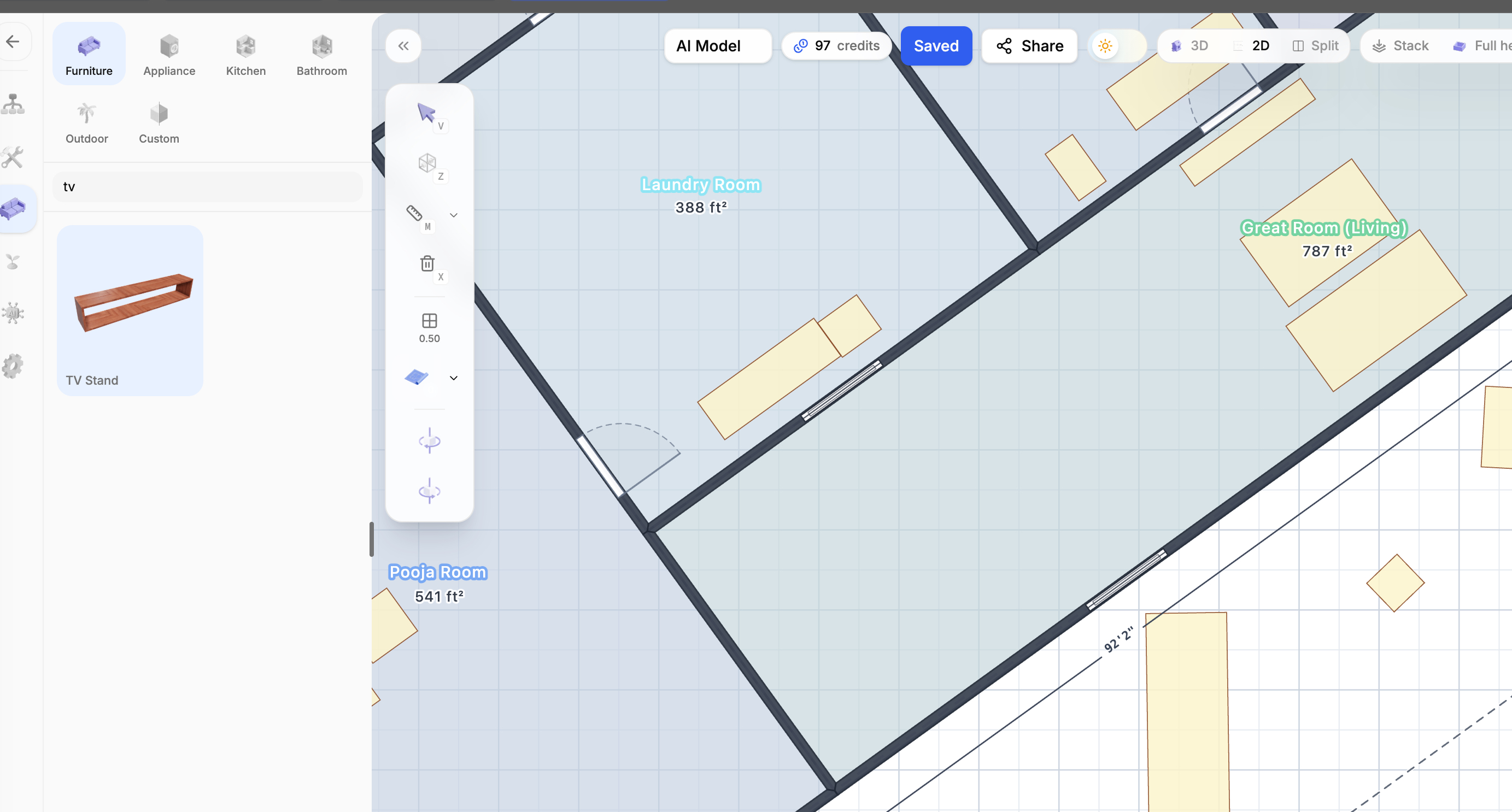 AI Floor Plan Builder editor automatically labeling rooms with square footage — Laundry Room 388 sq ft, Great Room 787 sq ft, Pooja Room 541 sq ft — and adding wall dimension measurements
