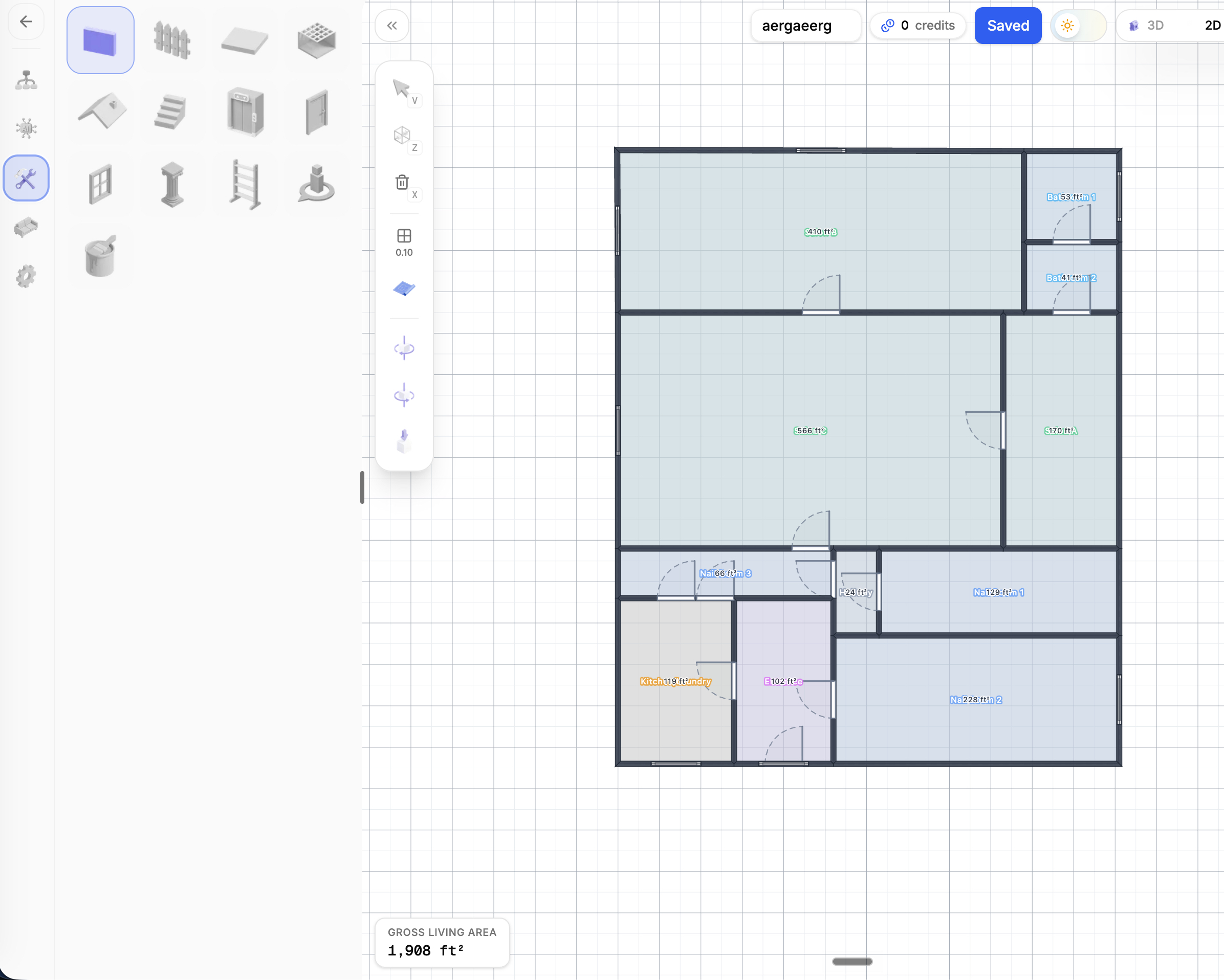 A 2D floor plan drawn in the AI Floor Plan Builder editor, showing labeled rooms and square footage